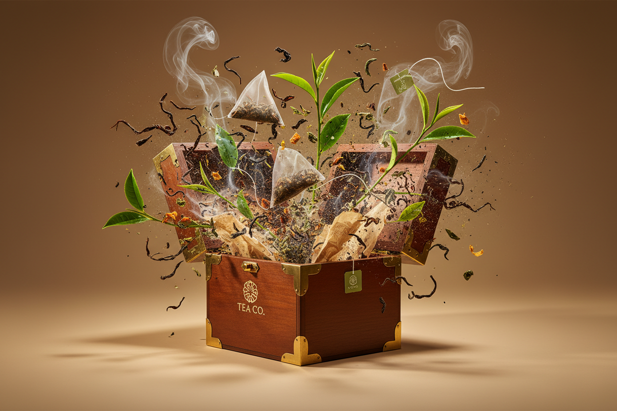 make some tea popping out of a boks with a good solid background